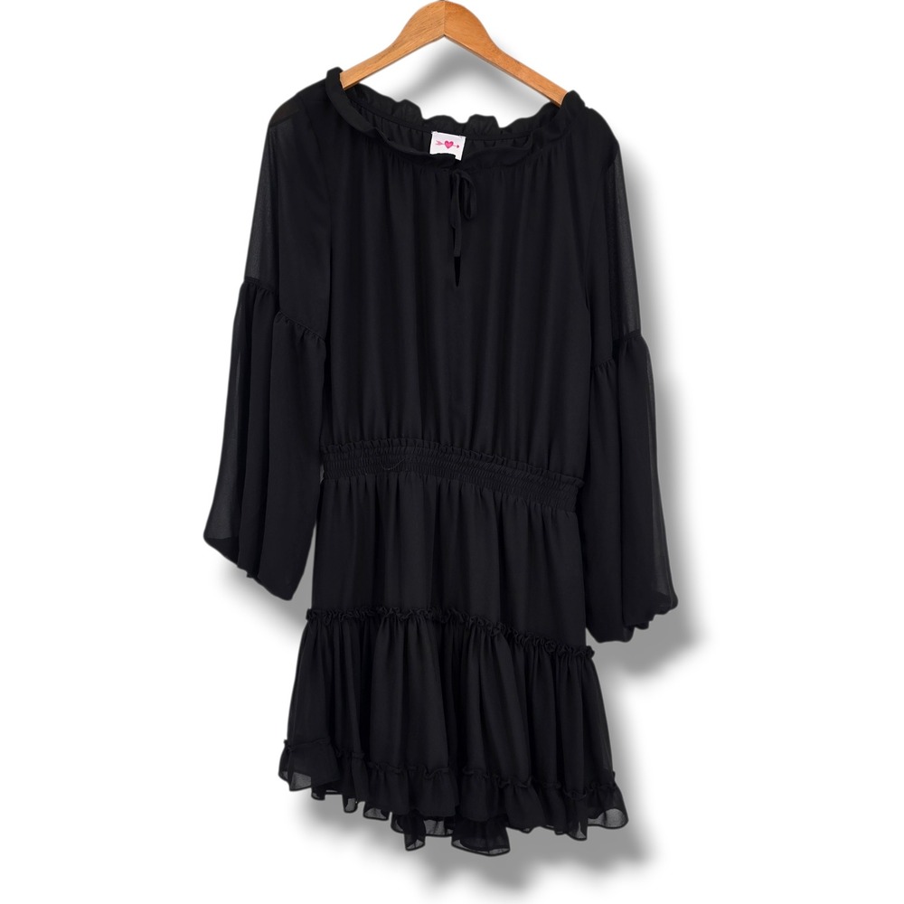 Buddy Love Zozo Black Chiffon Ruffle Smocked Mini Dress Bell Sleeve‎ Size Medium
